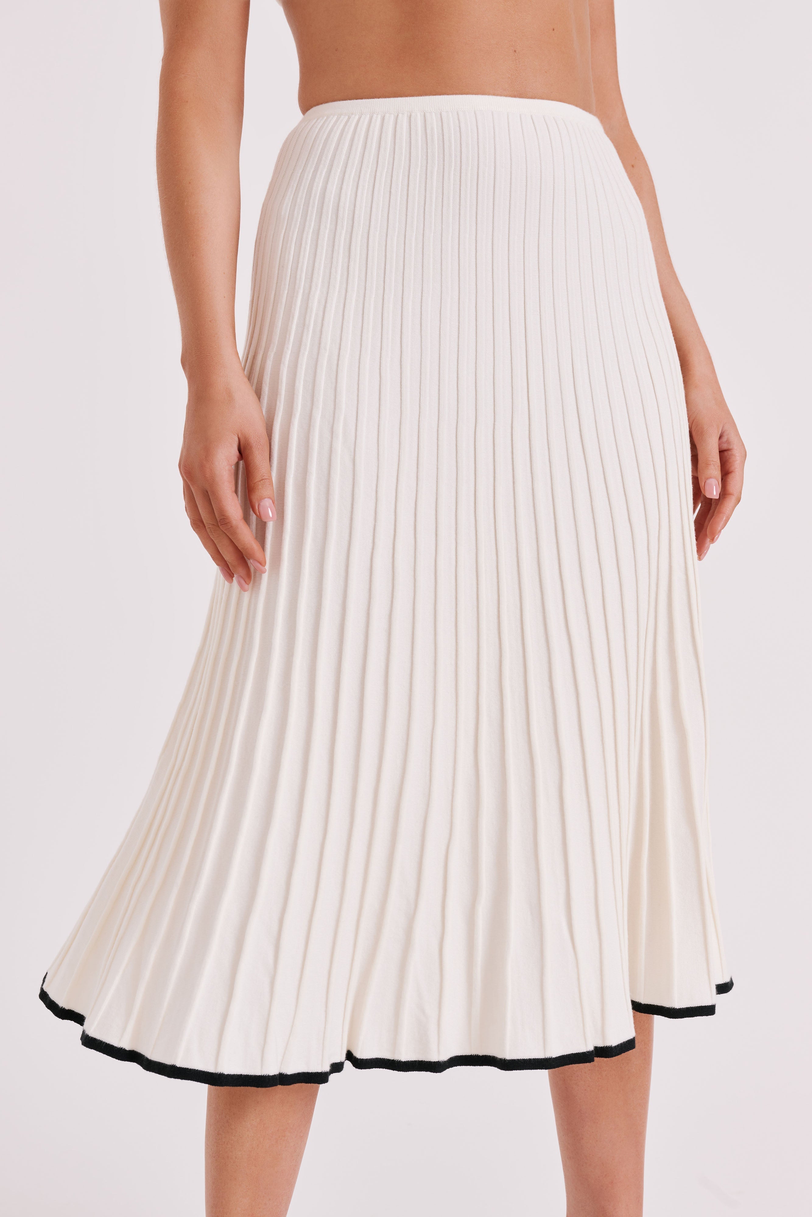 KESHA - Contrast Ribbed Knit Midi Skirt - White