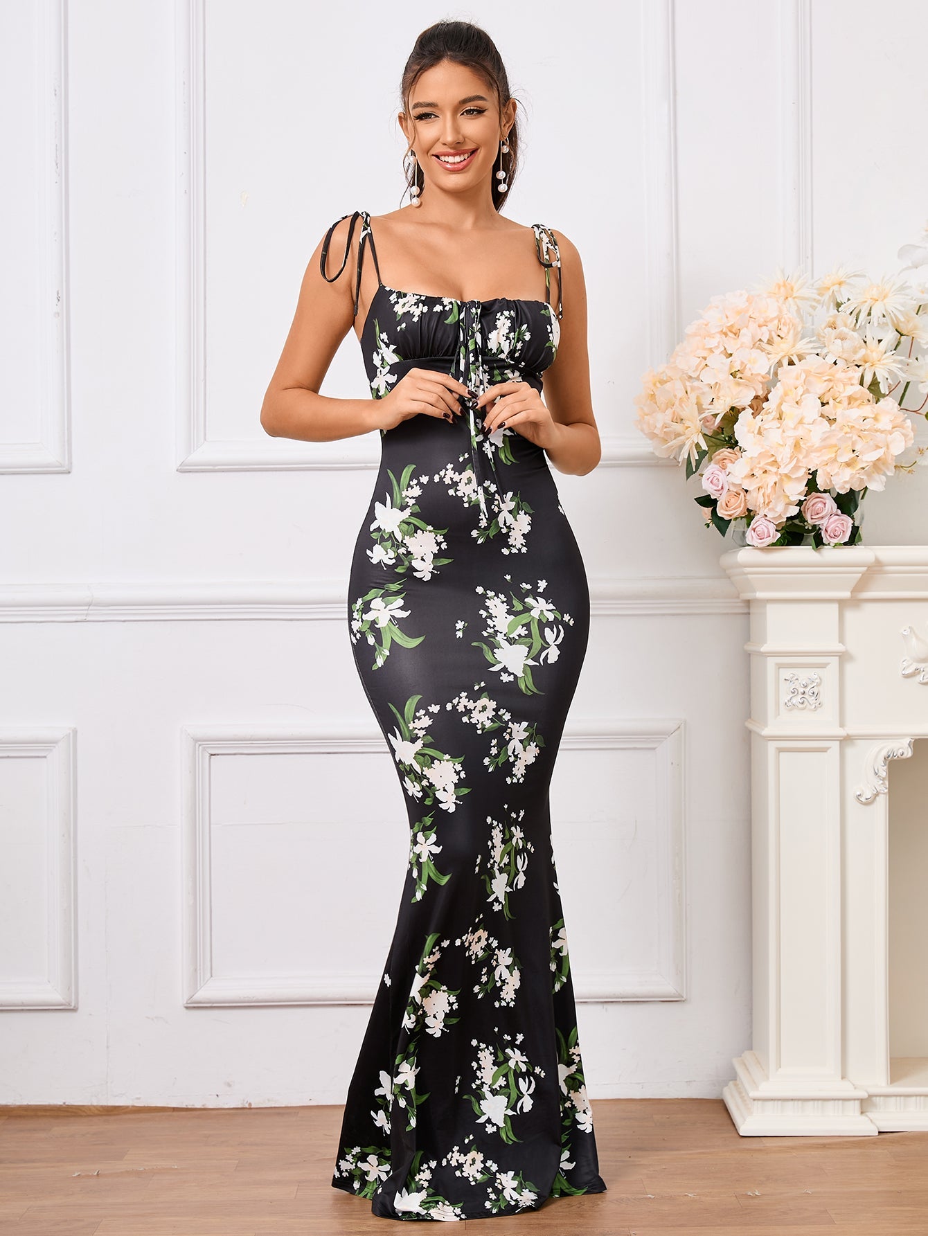 Leyla, Floral Print Dress with Fishtail Hem and Tie Shoulders