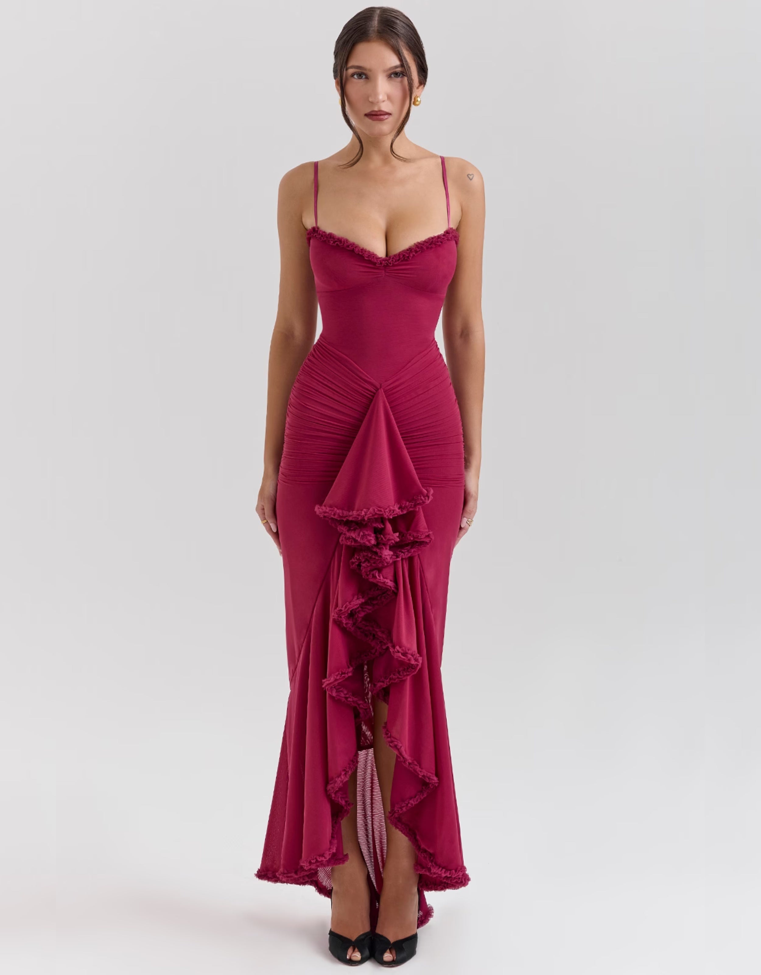 Liza Ruffled Long Dress - Yellow, Burgundy