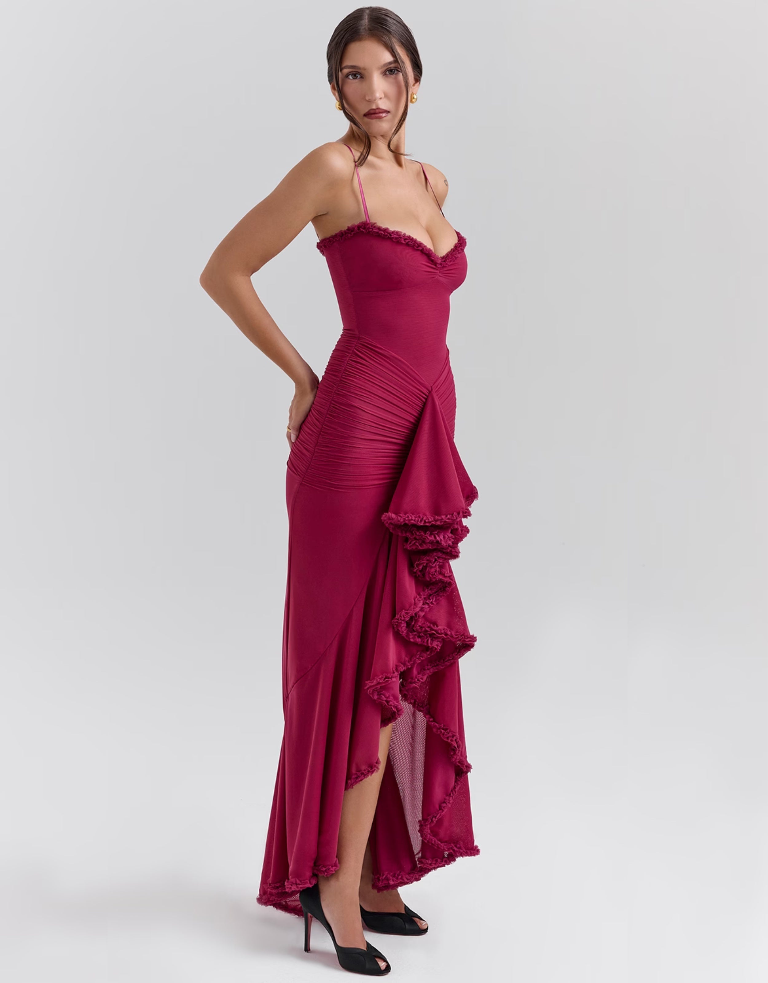 Liza Ruffled Long Dress - Yellow, Burgundy