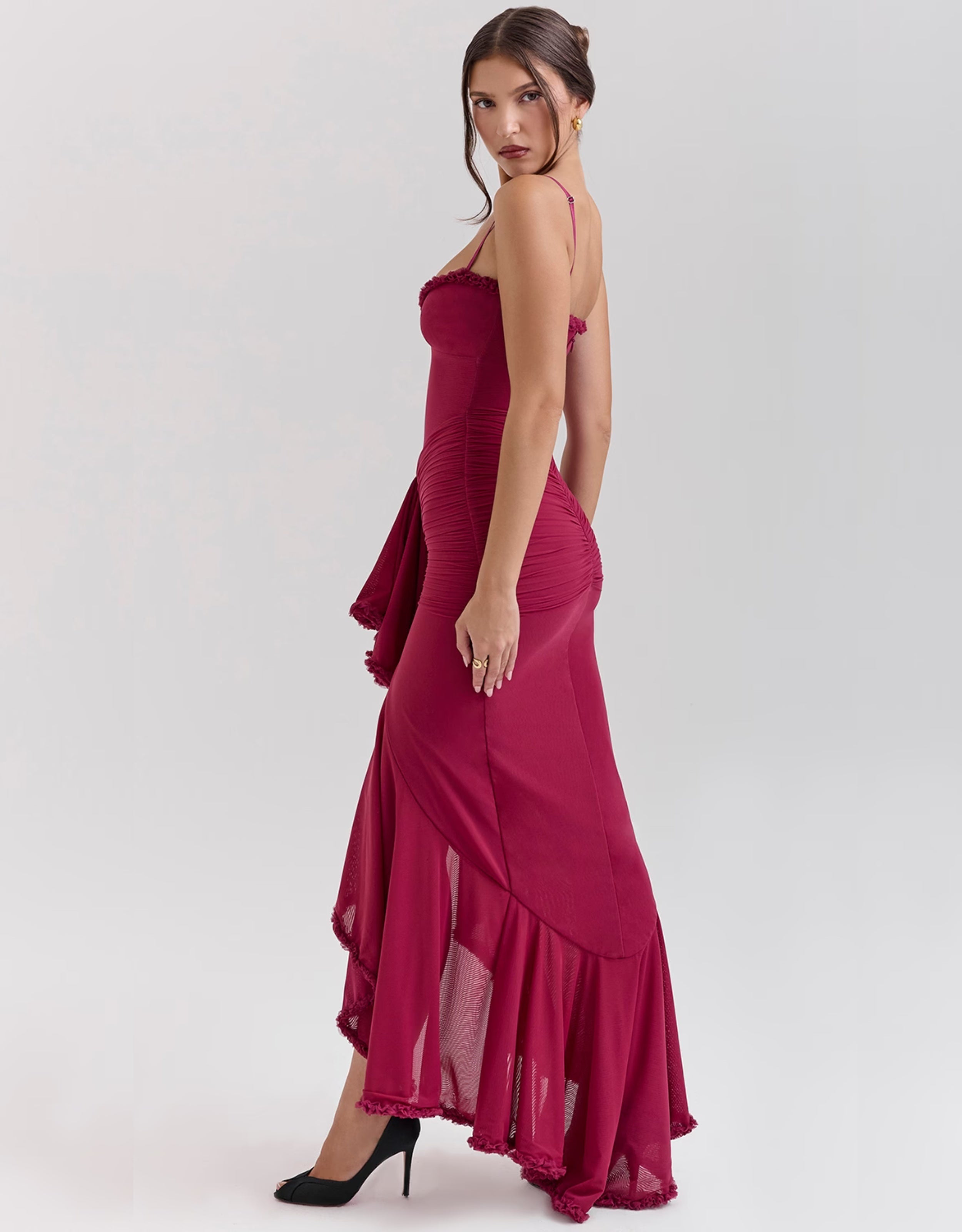 Liza Ruffled Long Dress - Yellow, Burgundy