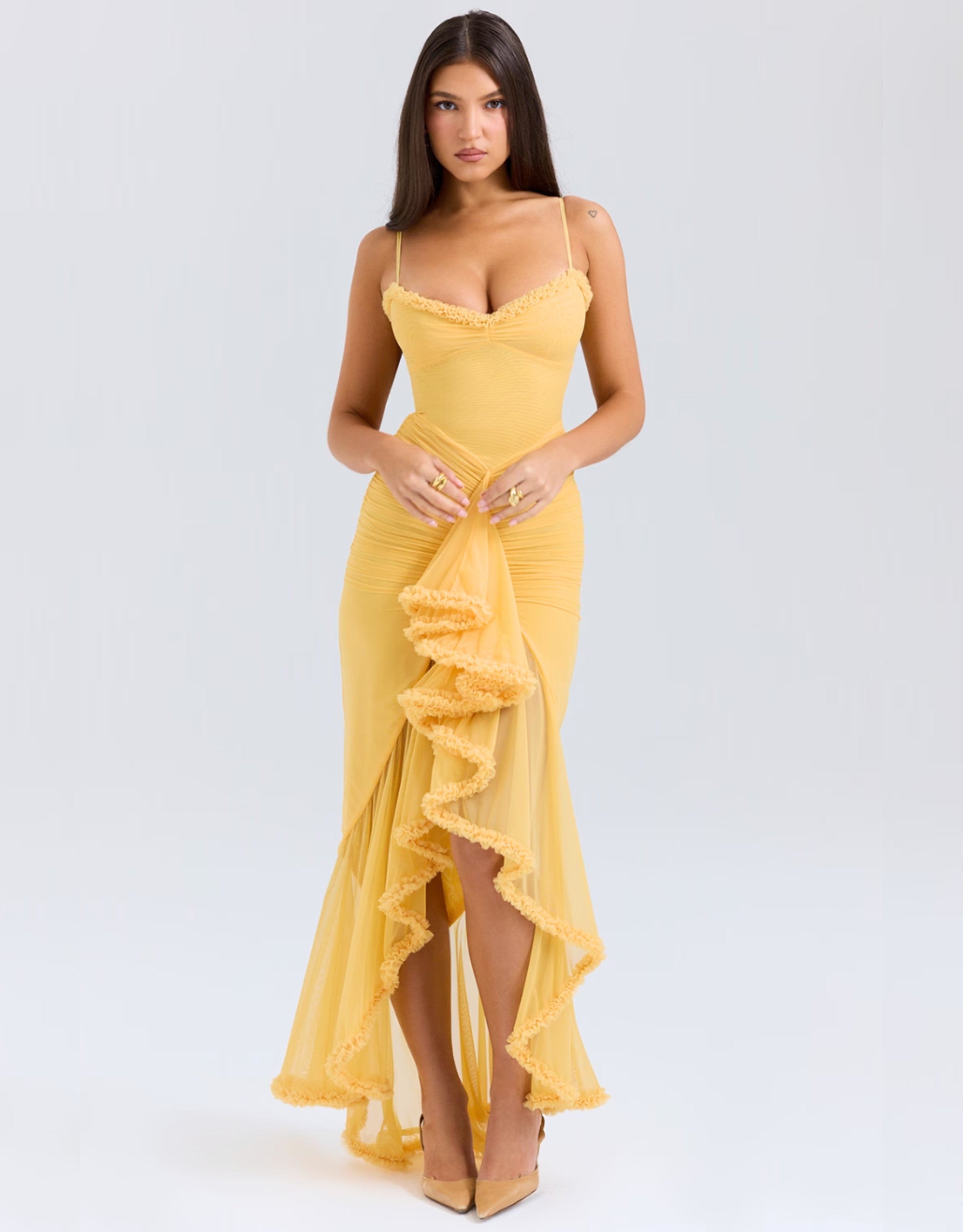 Liza Ruffled Long Dress - Yellow, Burgundy