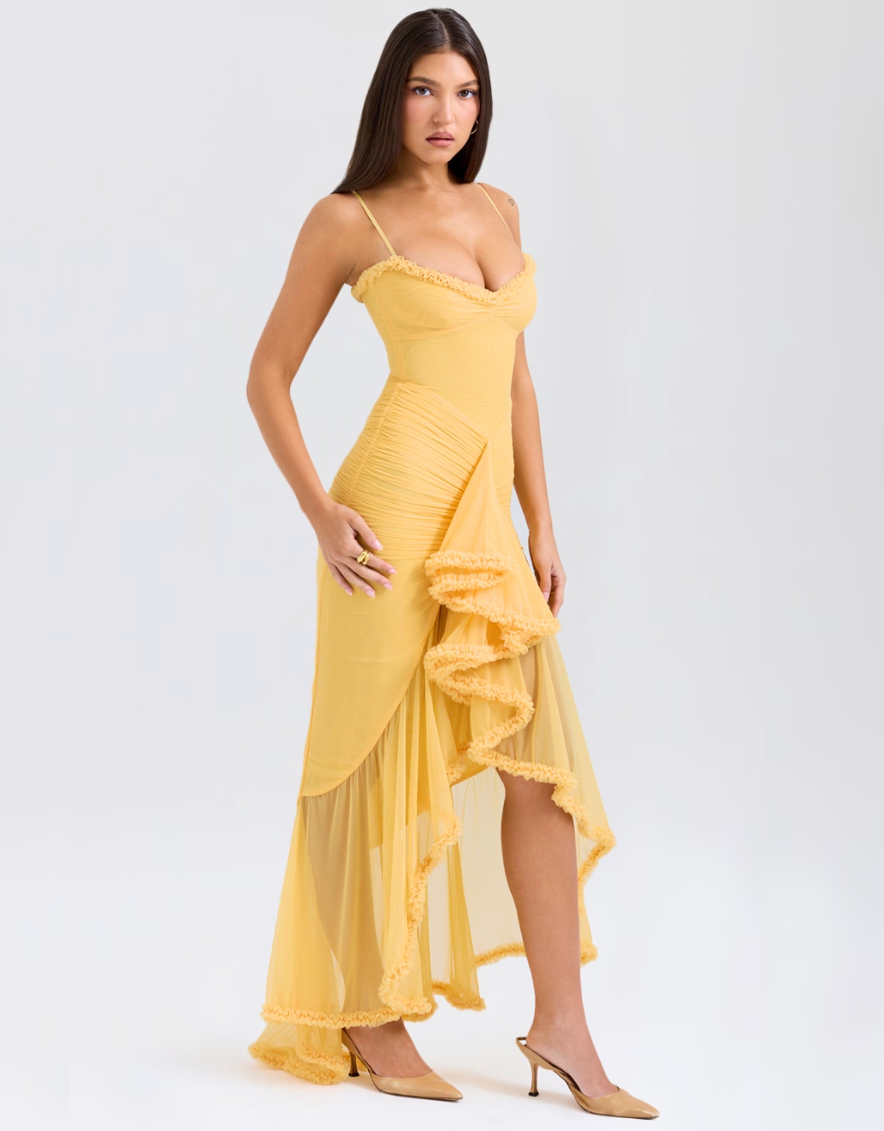 Liza Ruffled Long Dress - Yellow, Burgundy