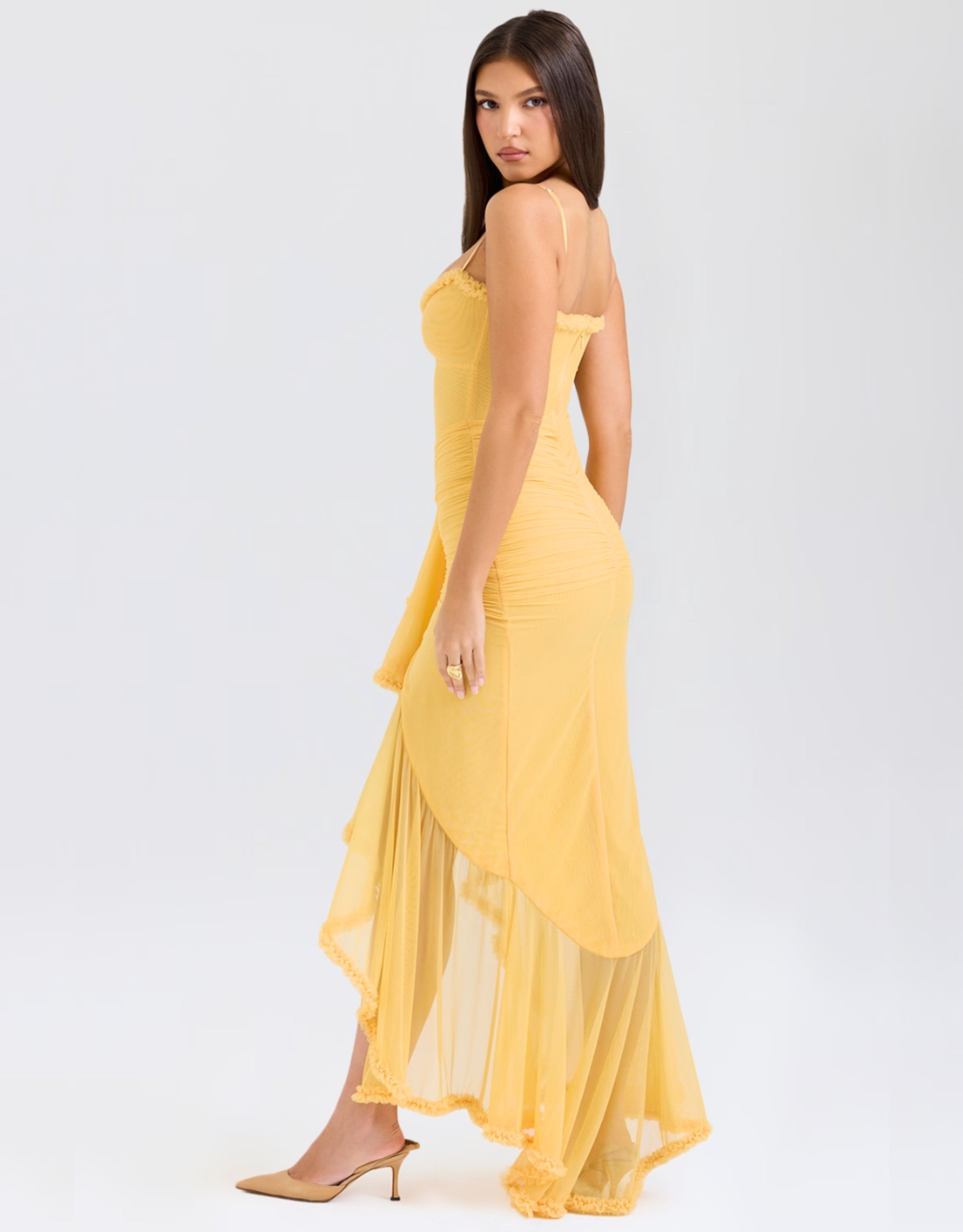 Liza Ruffled Long Dress - Yellow, Burgundy