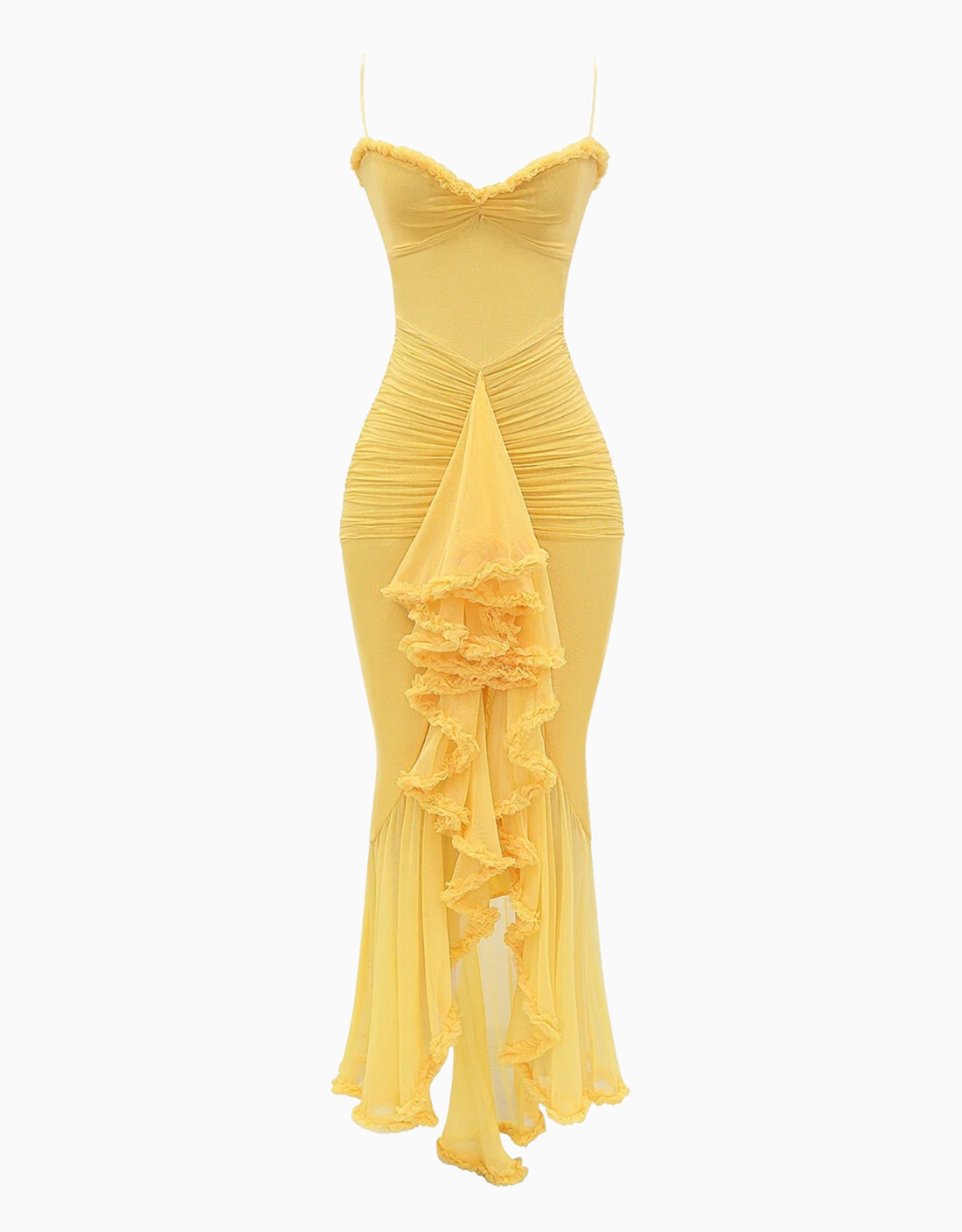 Liza Ruffled Long Dress - Yellow, Burgundy