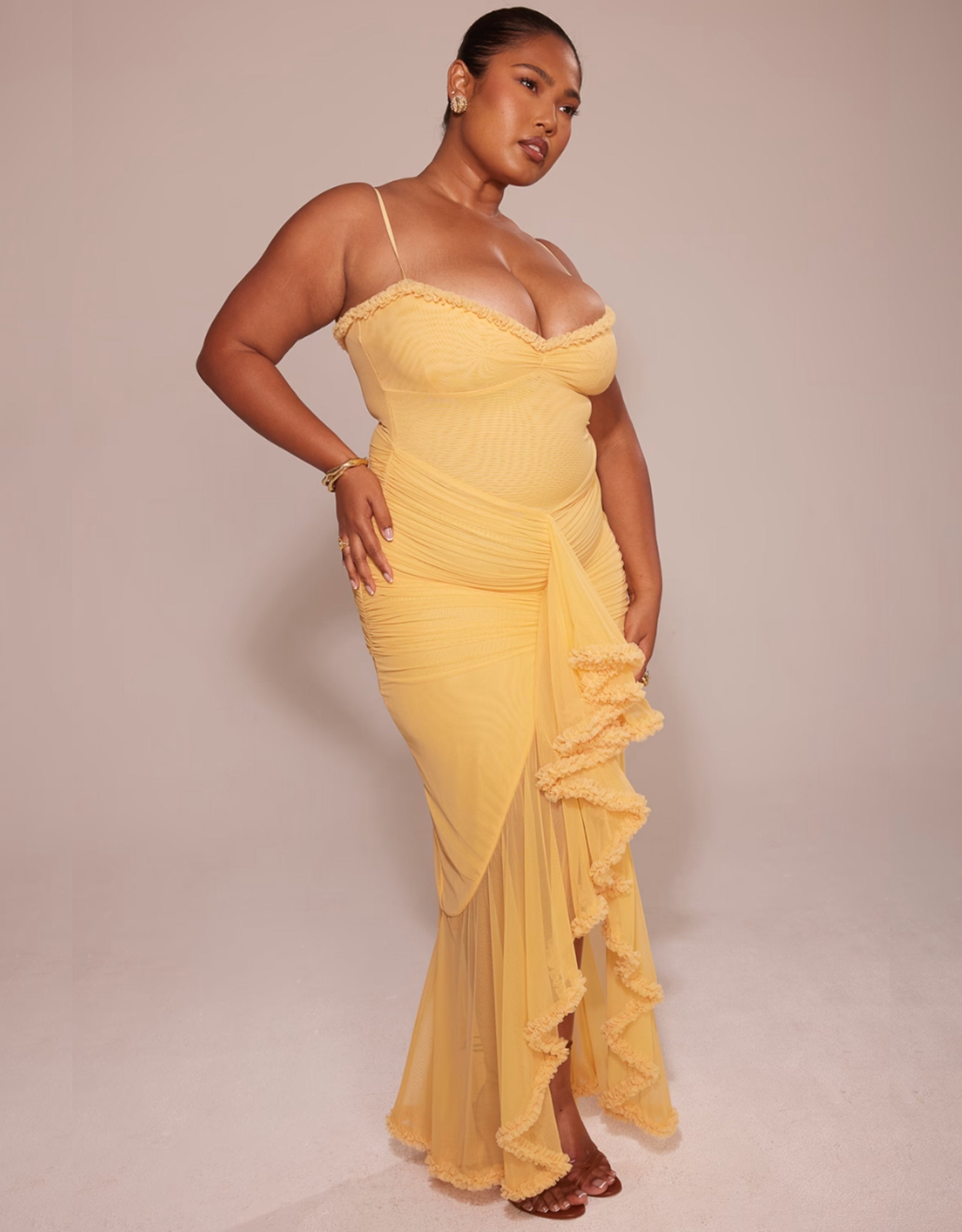 Liza Ruffled Long Dress - Yellow, Burgundy