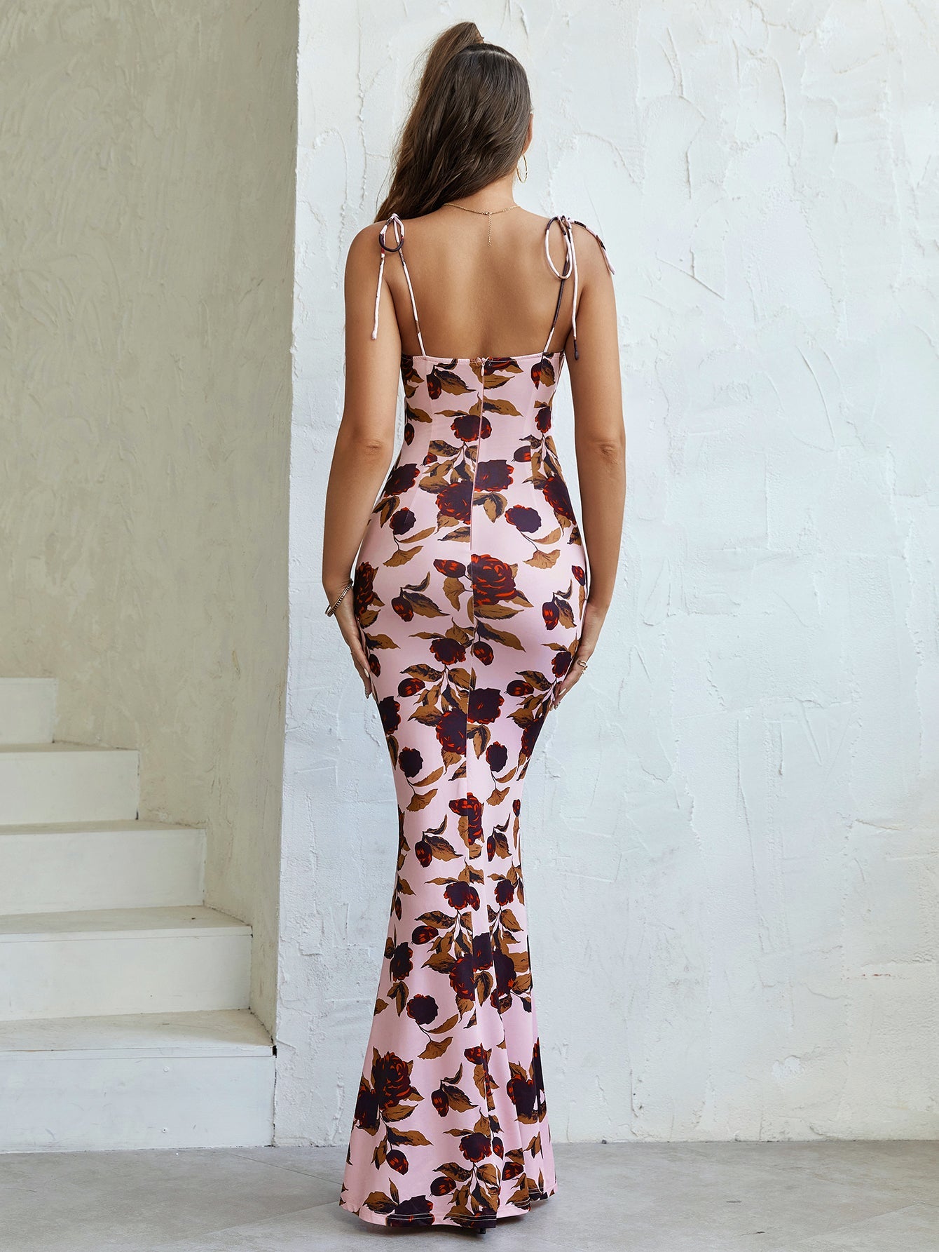 Leyla, Floral Print Dress with Fishtail Hem and Tie Shoulders