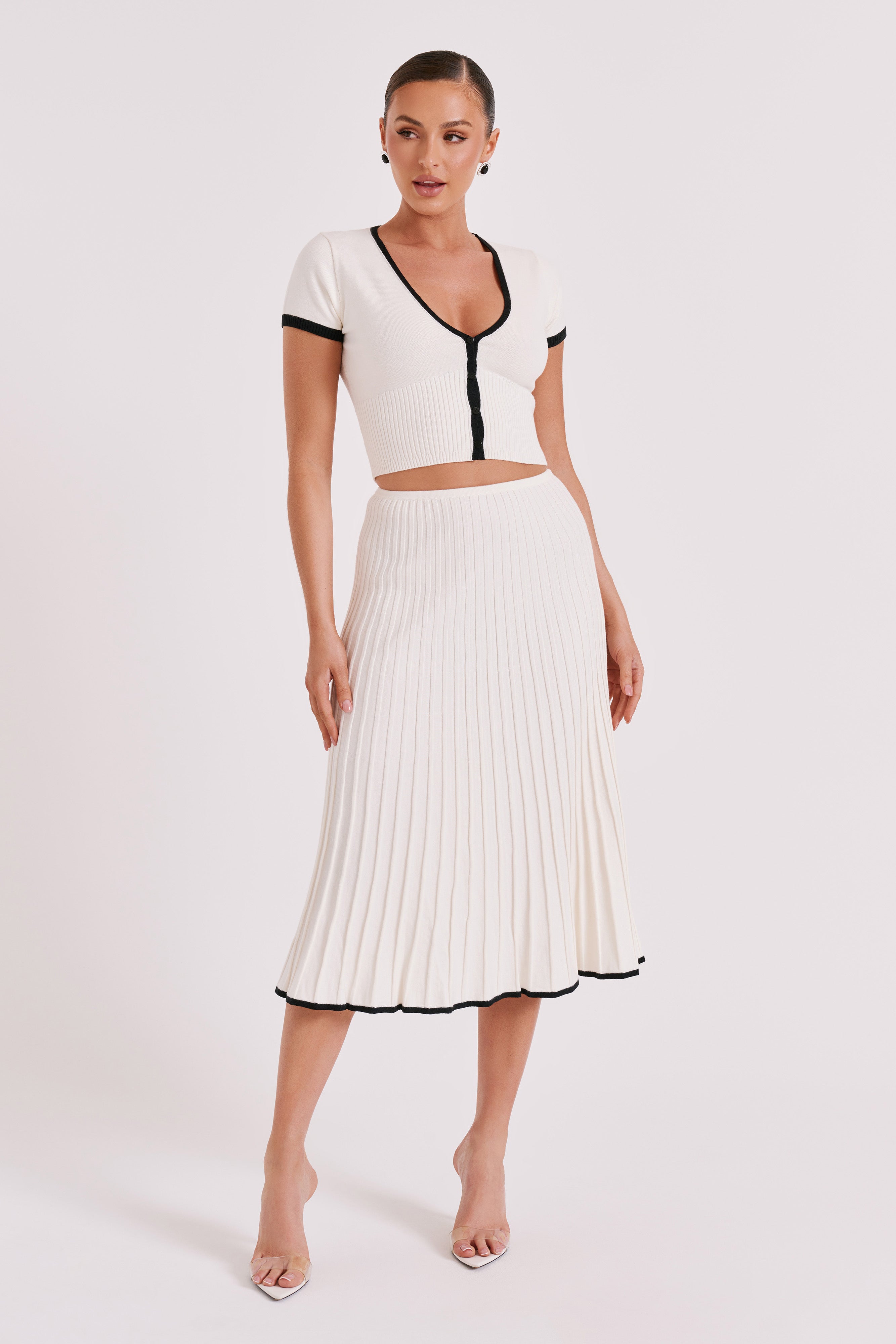 KESHA - Contrast Ribbed Knit Midi Skirt - White