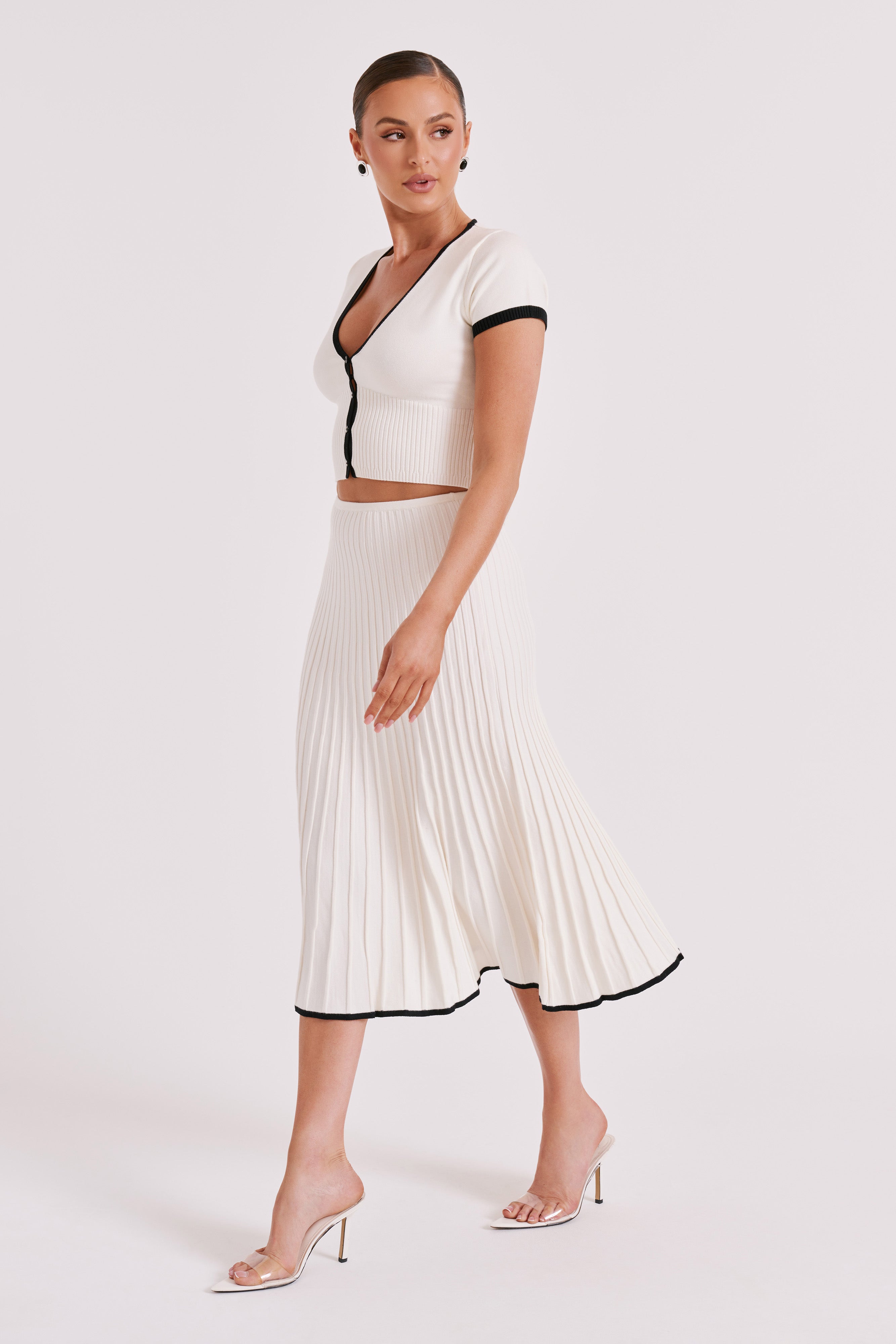 KESHA - Contrast Ribbed Knit Midi Skirt - White