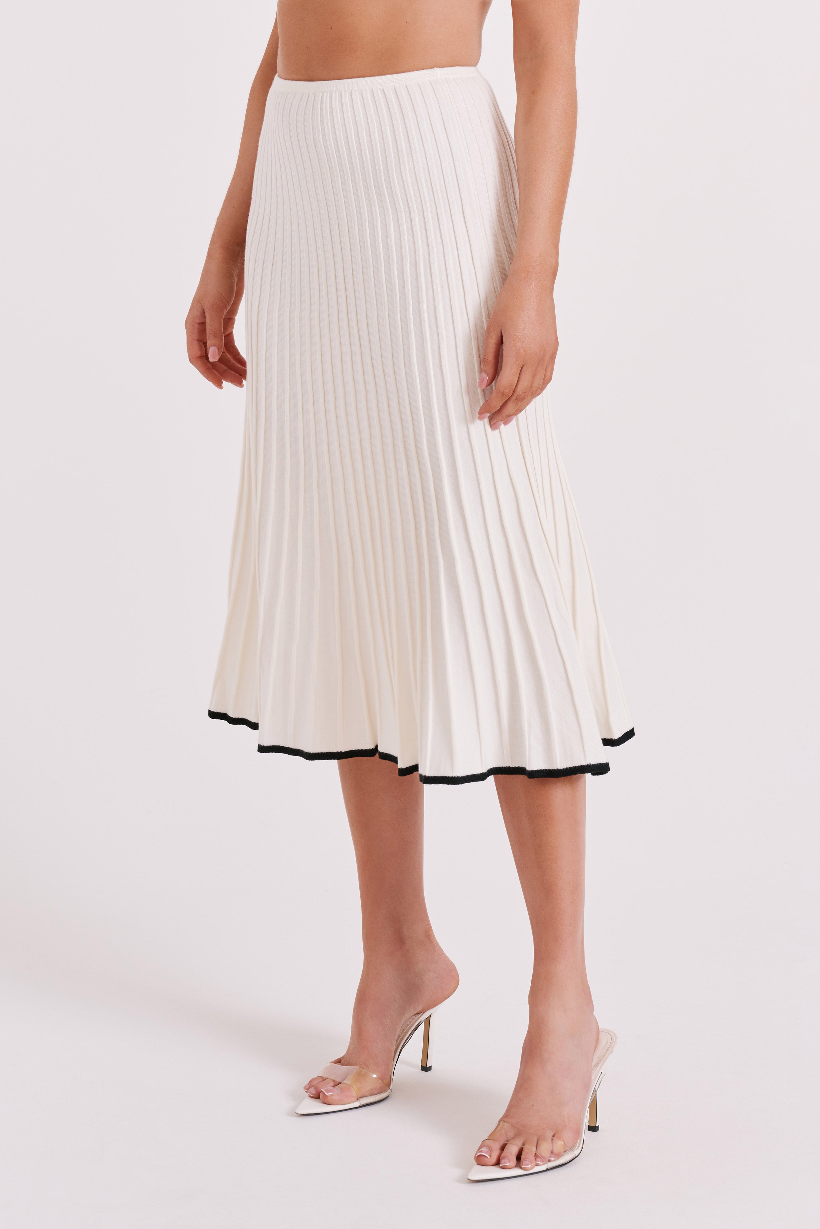 KESHA - Contrast Ribbed Knit Midi Skirt - White