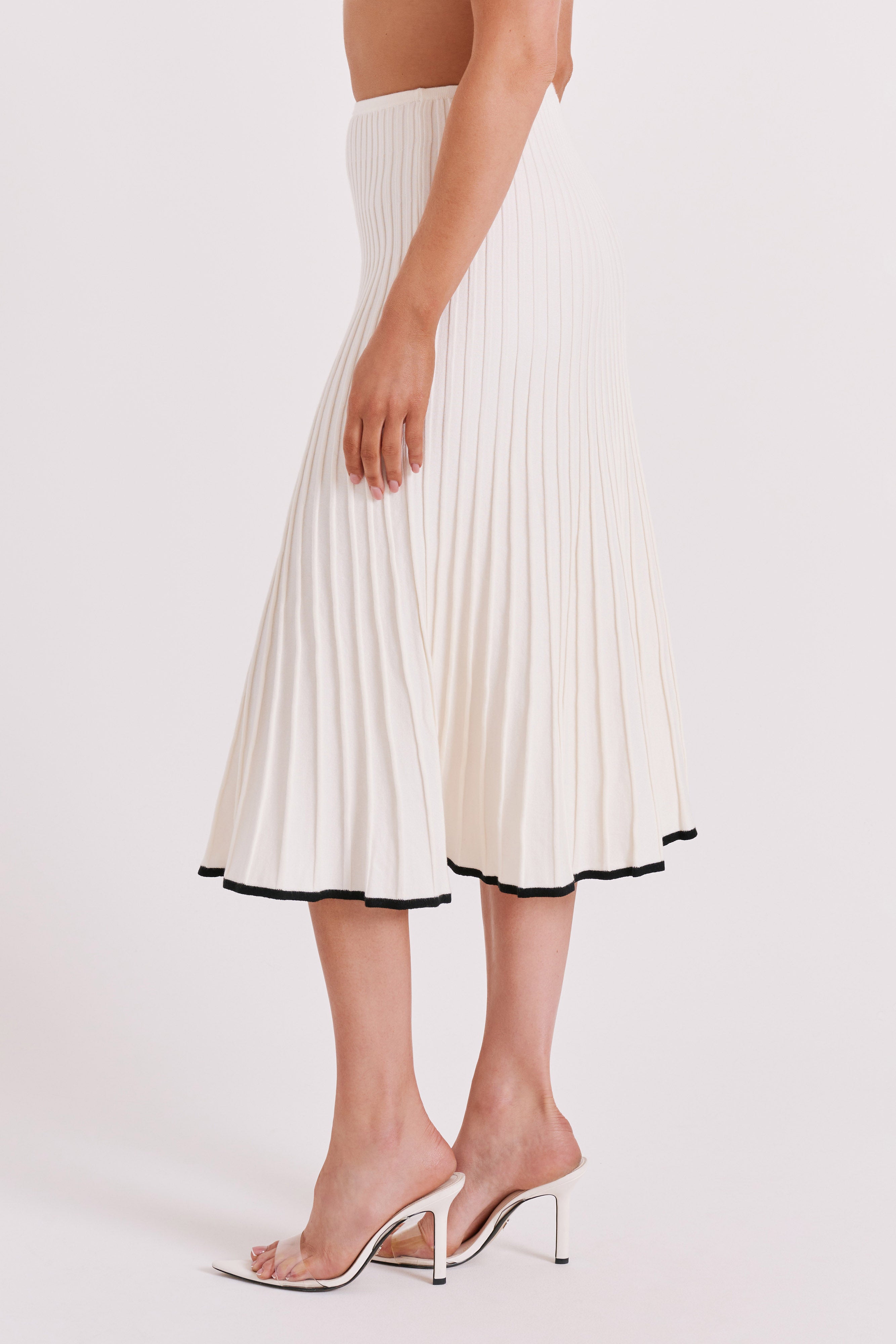 KESHA - Contrast Ribbed Knit Midi Skirt - White