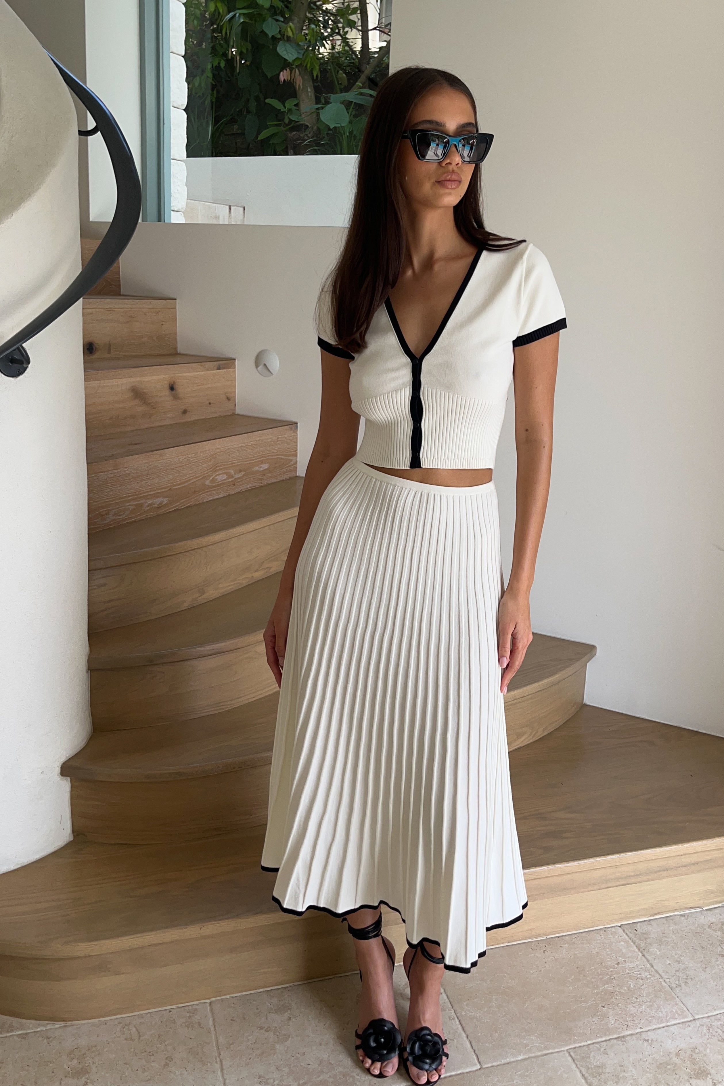 KESHA - Contrast Ribbed Knit Midi Skirt - White