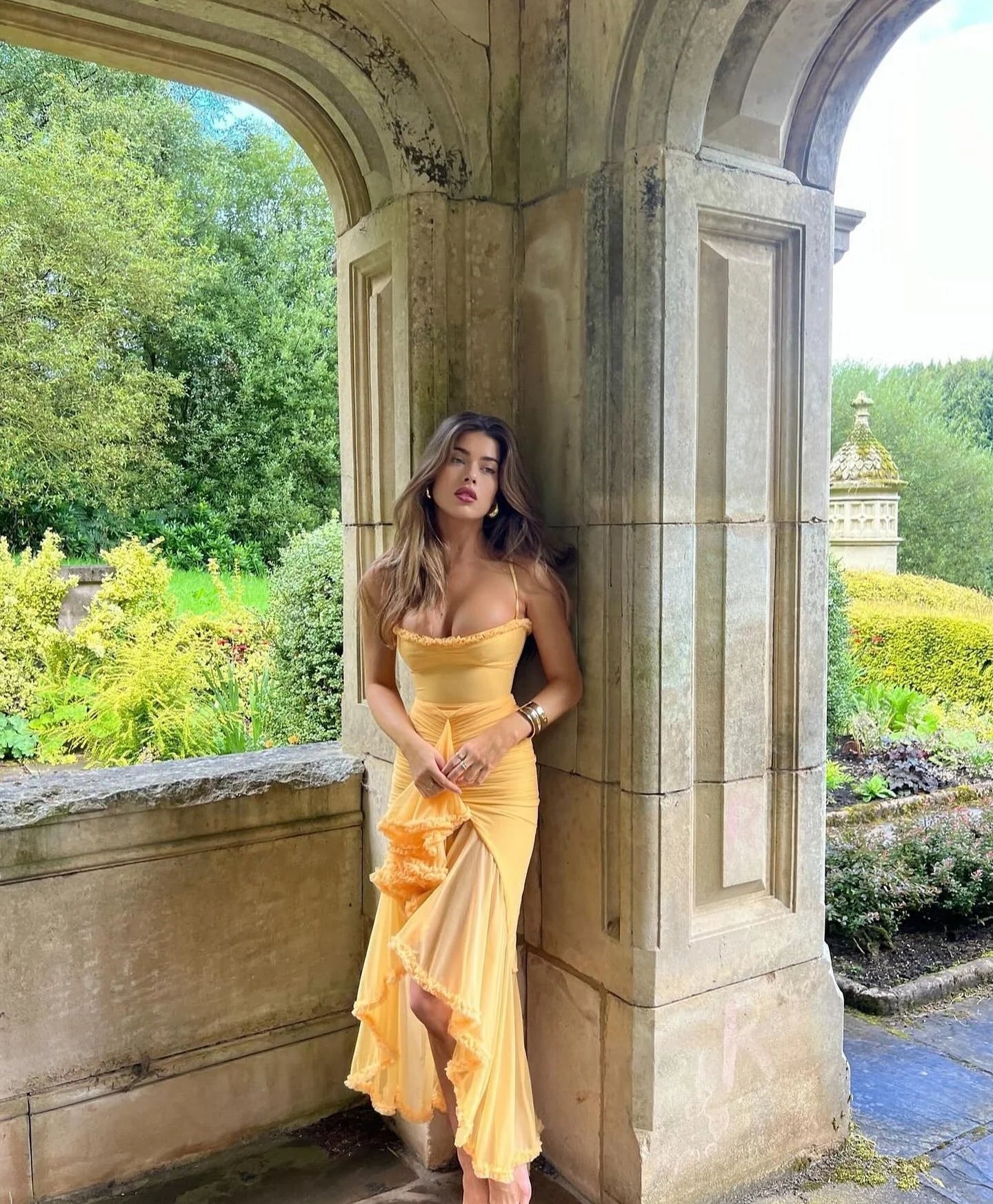 Liza Ruffled Long Dress - Yellow, Burgundy