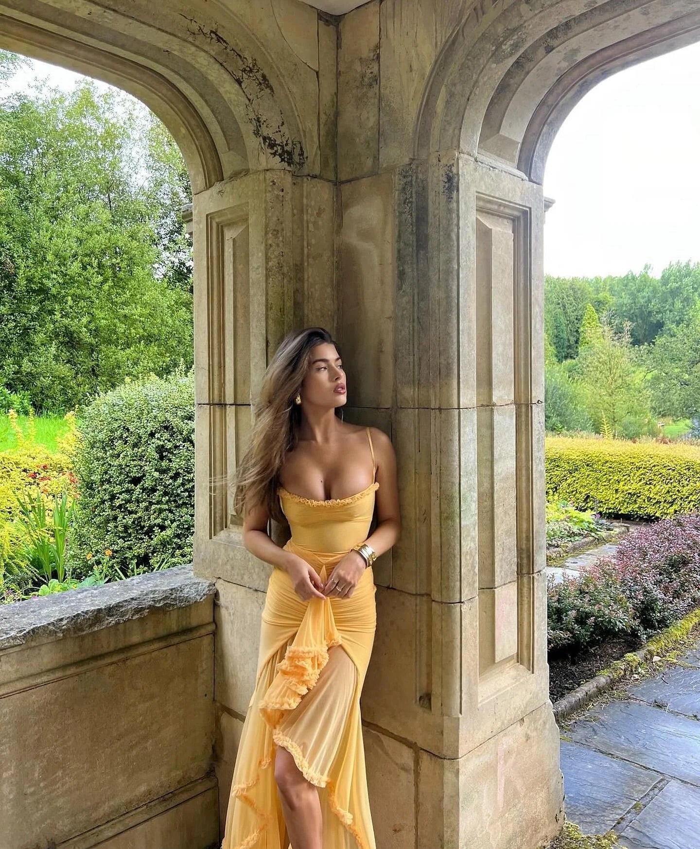 Liza Ruffled Long Dress - Yellow, Burgundy