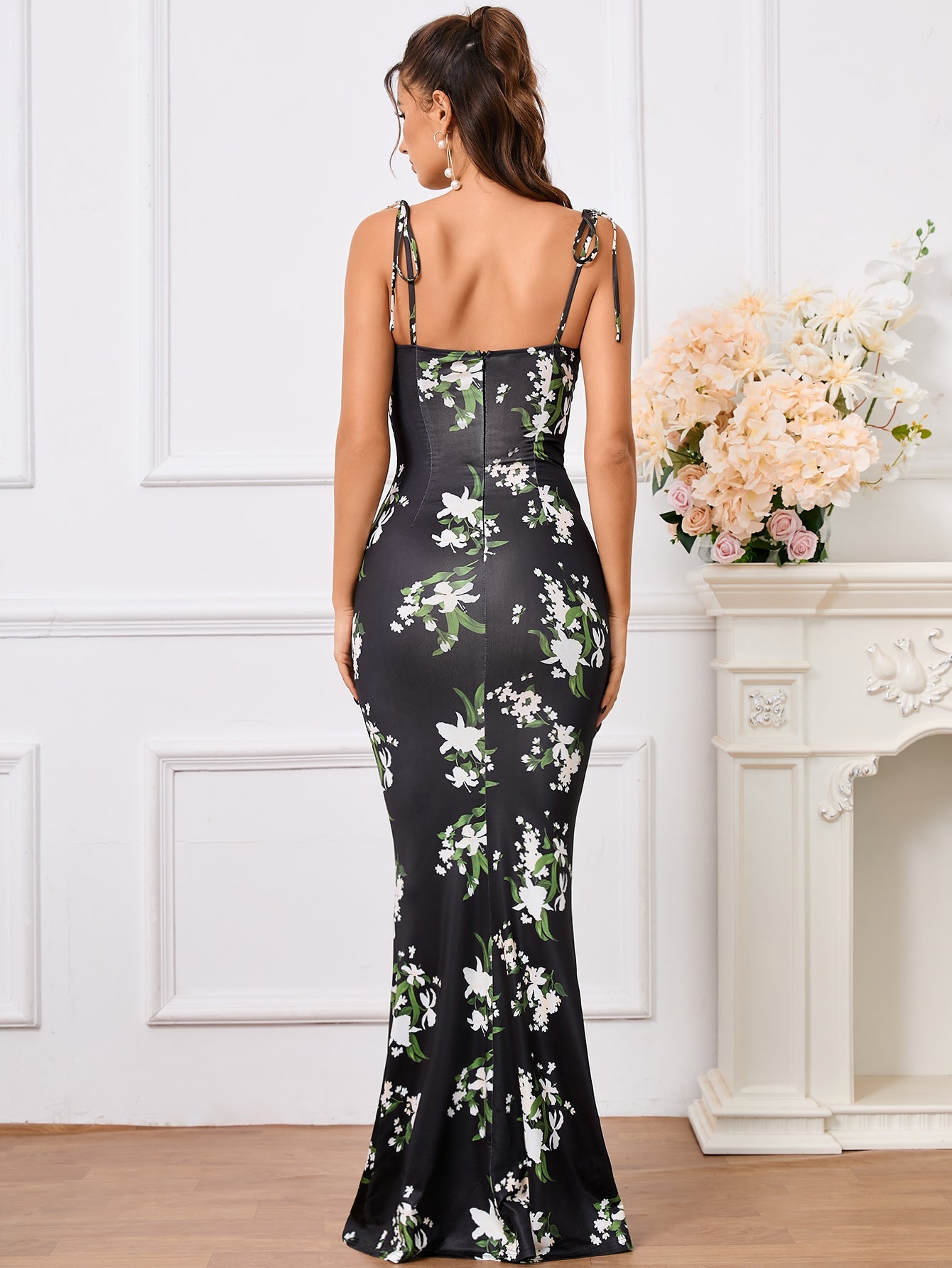 Leyla, Floral Print Dress with Fishtail Hem and Tie Shoulders