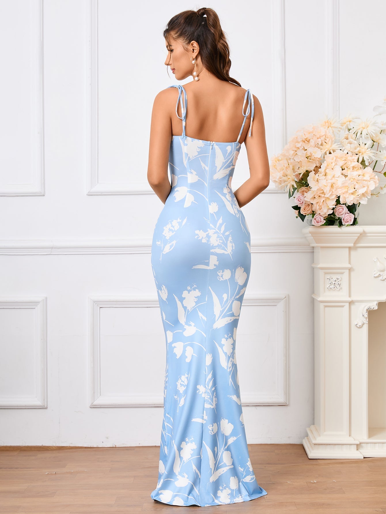 Leyla, Floral Print Dress with Fishtail Hem and Tie Shoulders