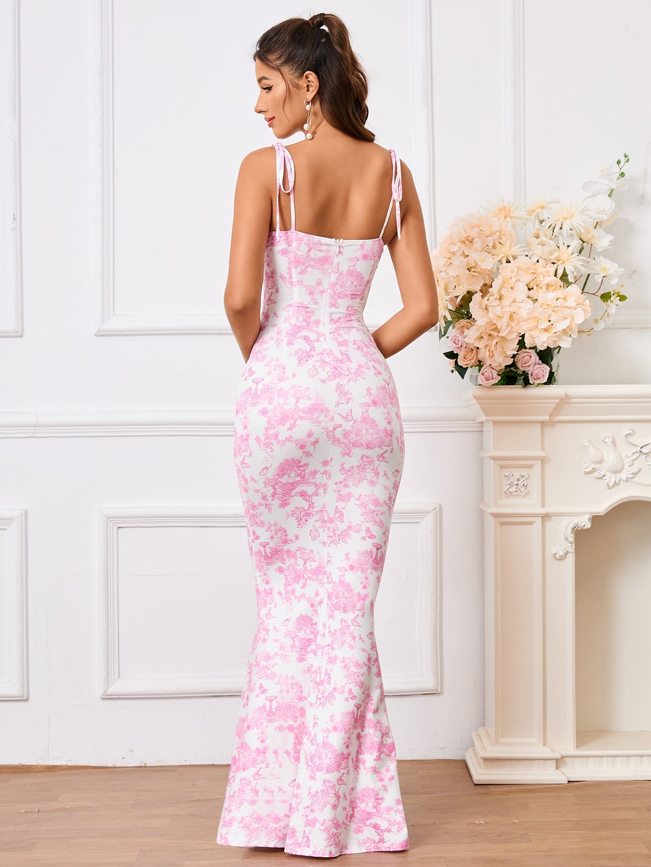 Leyla, Floral Print Dress with Fishtail Hem and Tie Shoulders