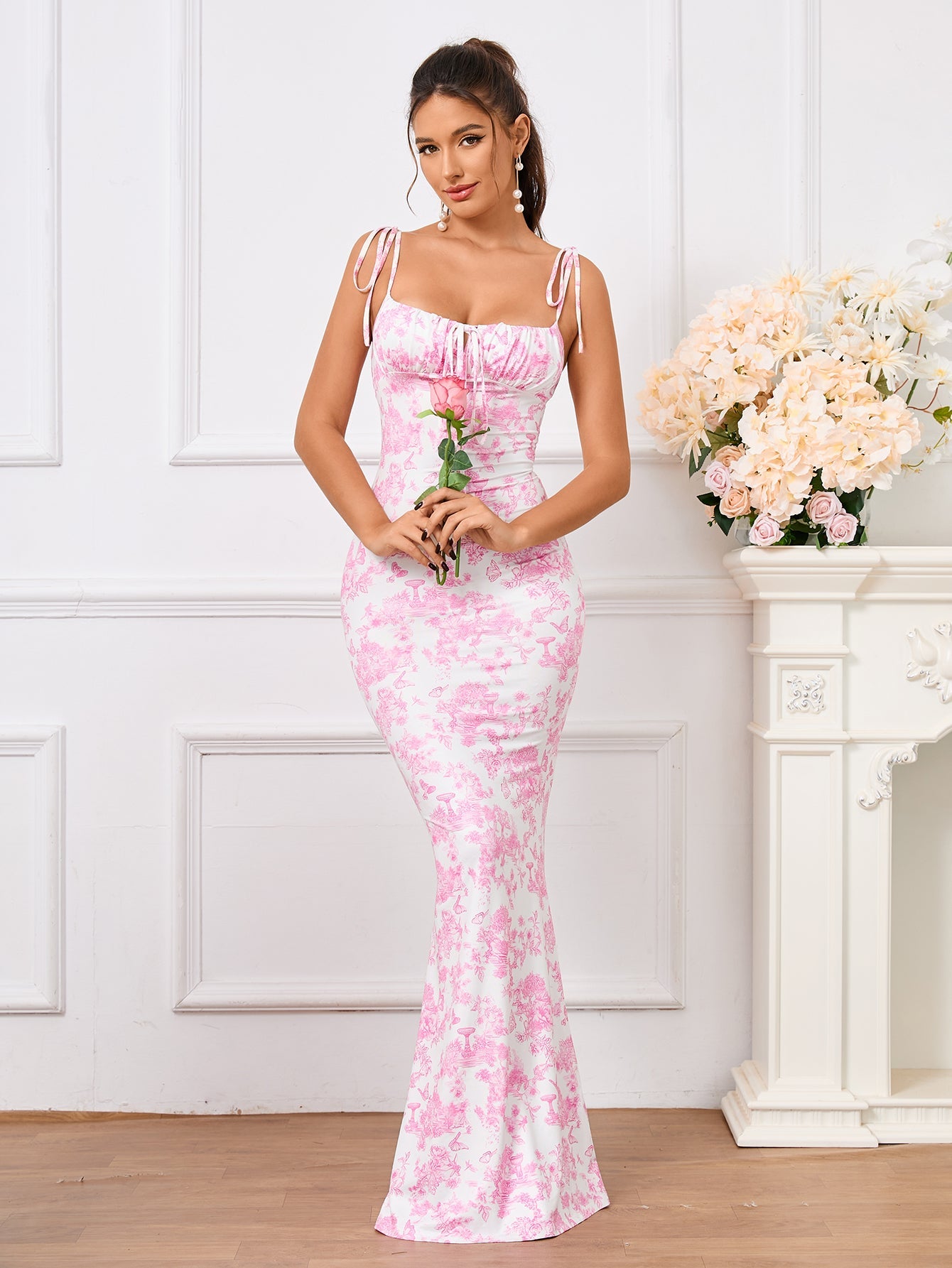 Leyla, Floral Print Dress with Fishtail Hem and Tie Shoulders