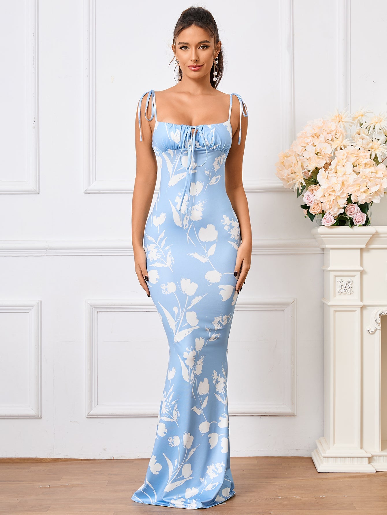 Leyla, Floral Print Dress with Fishtail Hem and Tie Shoulders