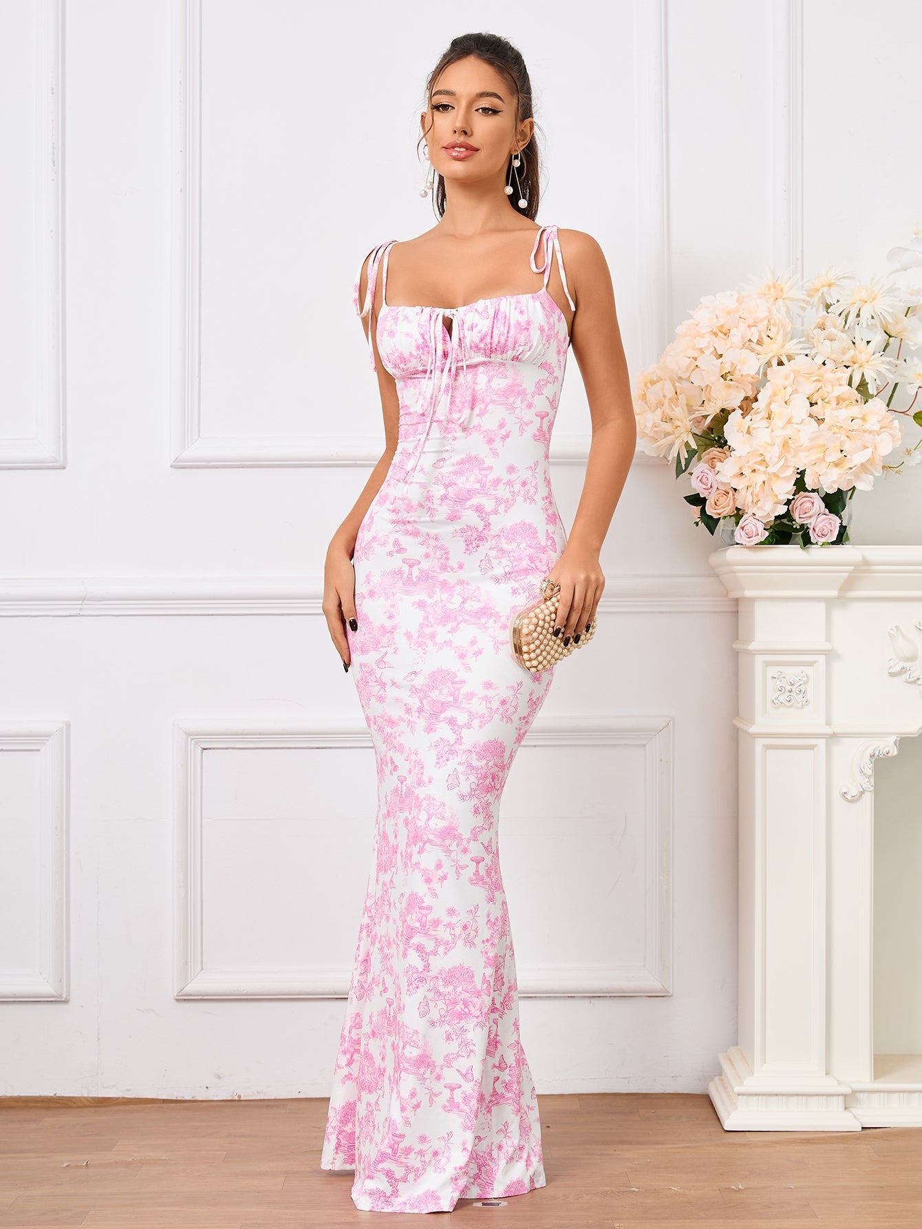 Leyla, Floral Print Dress with Fishtail Hem and Tie Shoulders