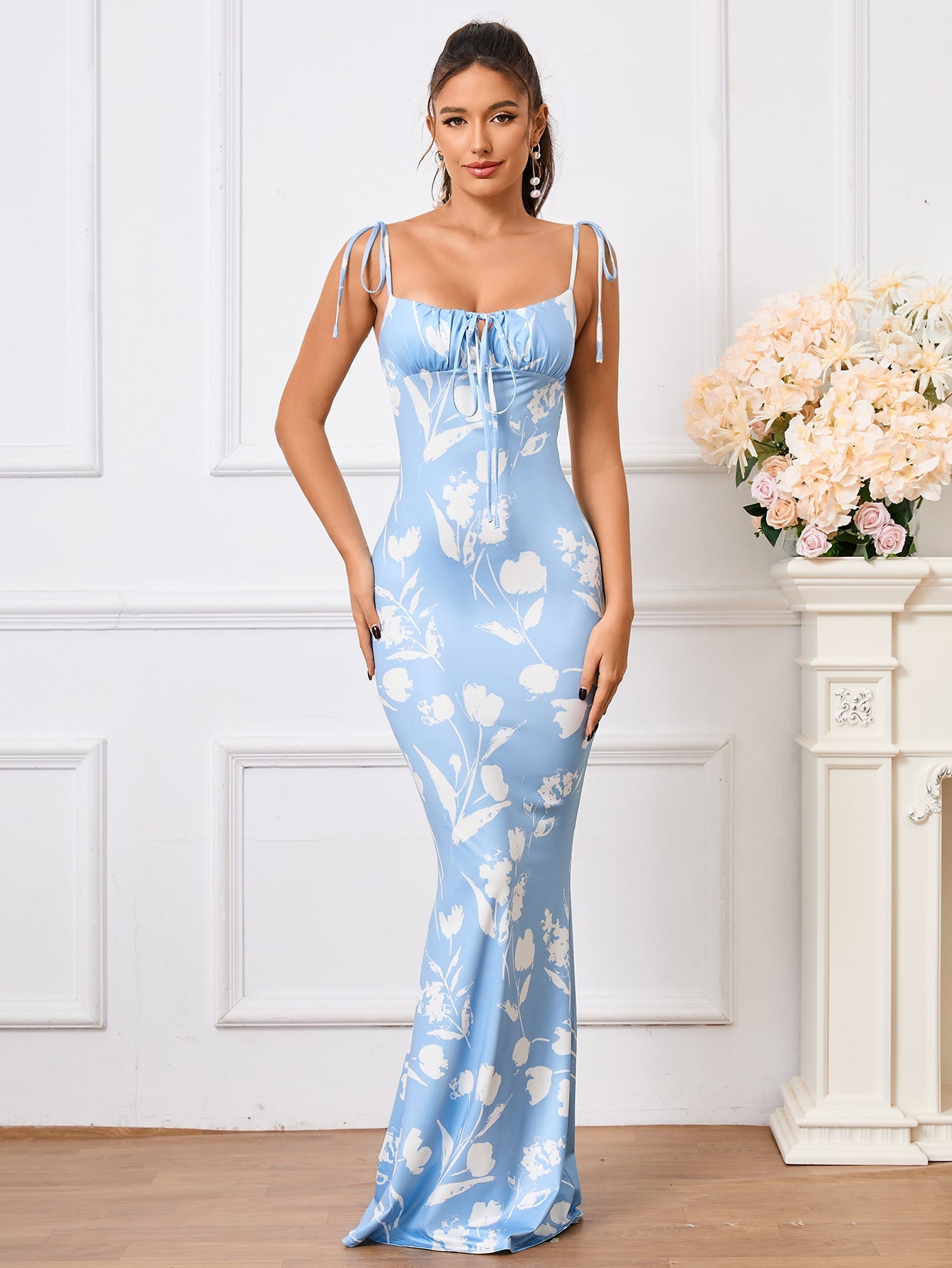 Leyla, Floral Print Dress with Fishtail Hem and Tie Shoulders