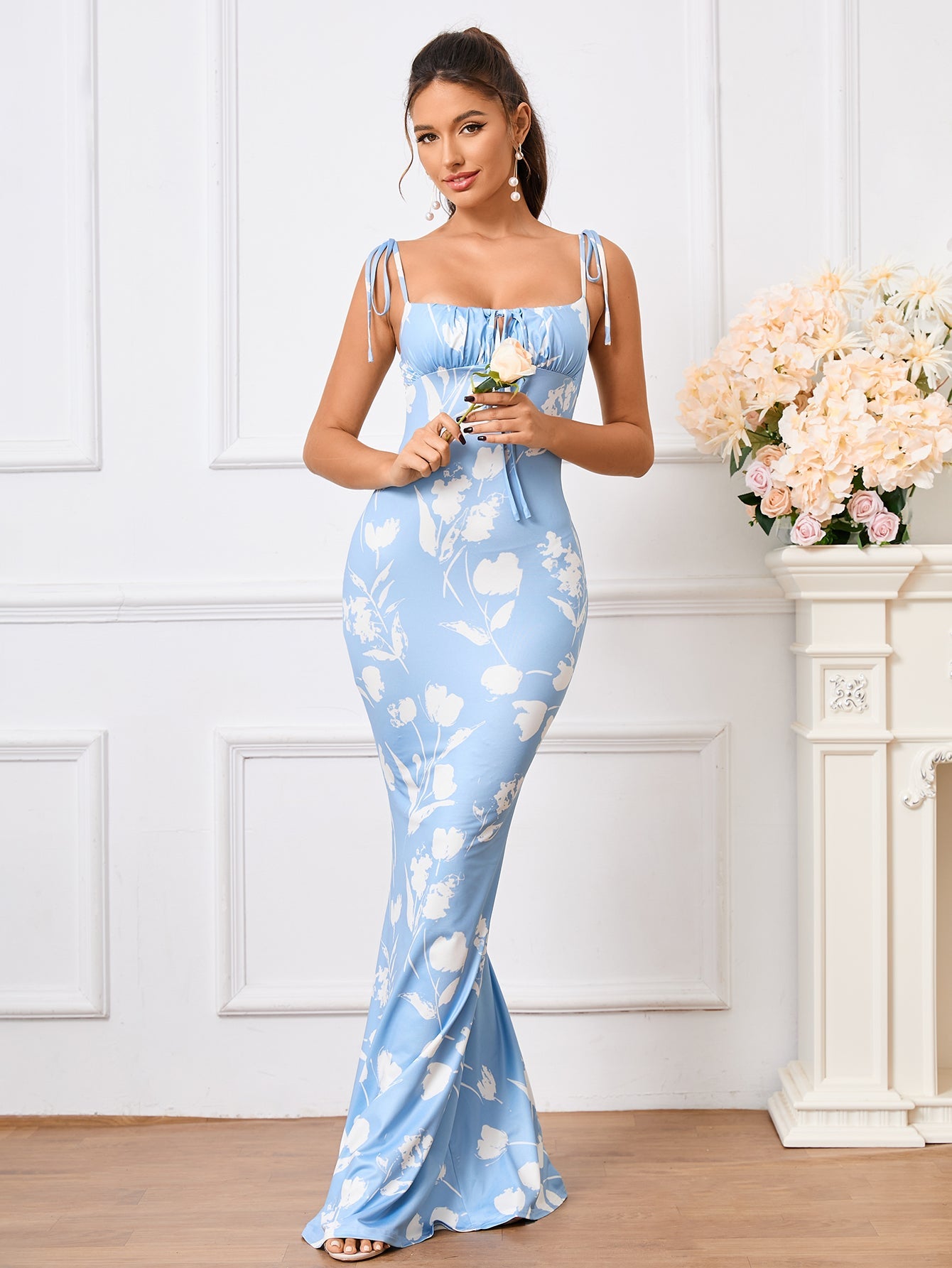 Leyla, Floral Print Dress with Fishtail Hem and Tie Shoulders