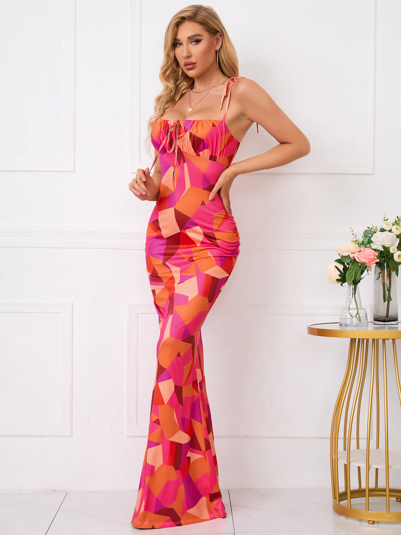 Leyla, Floral Print Dress with Fishtail Hem and Tie Shoulders