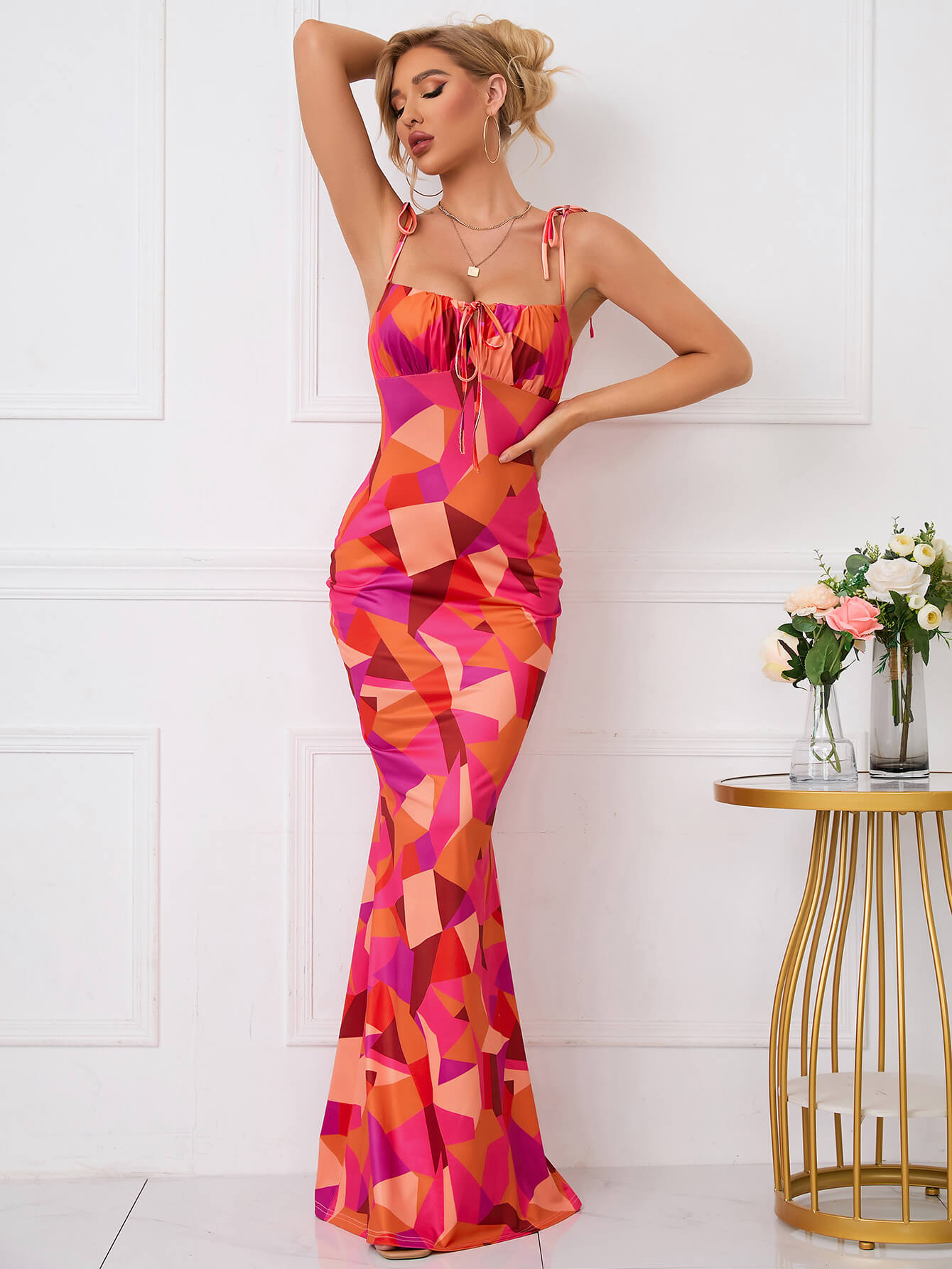 Leyla, Floral Print Dress with Fishtail Hem and Tie Shoulders
