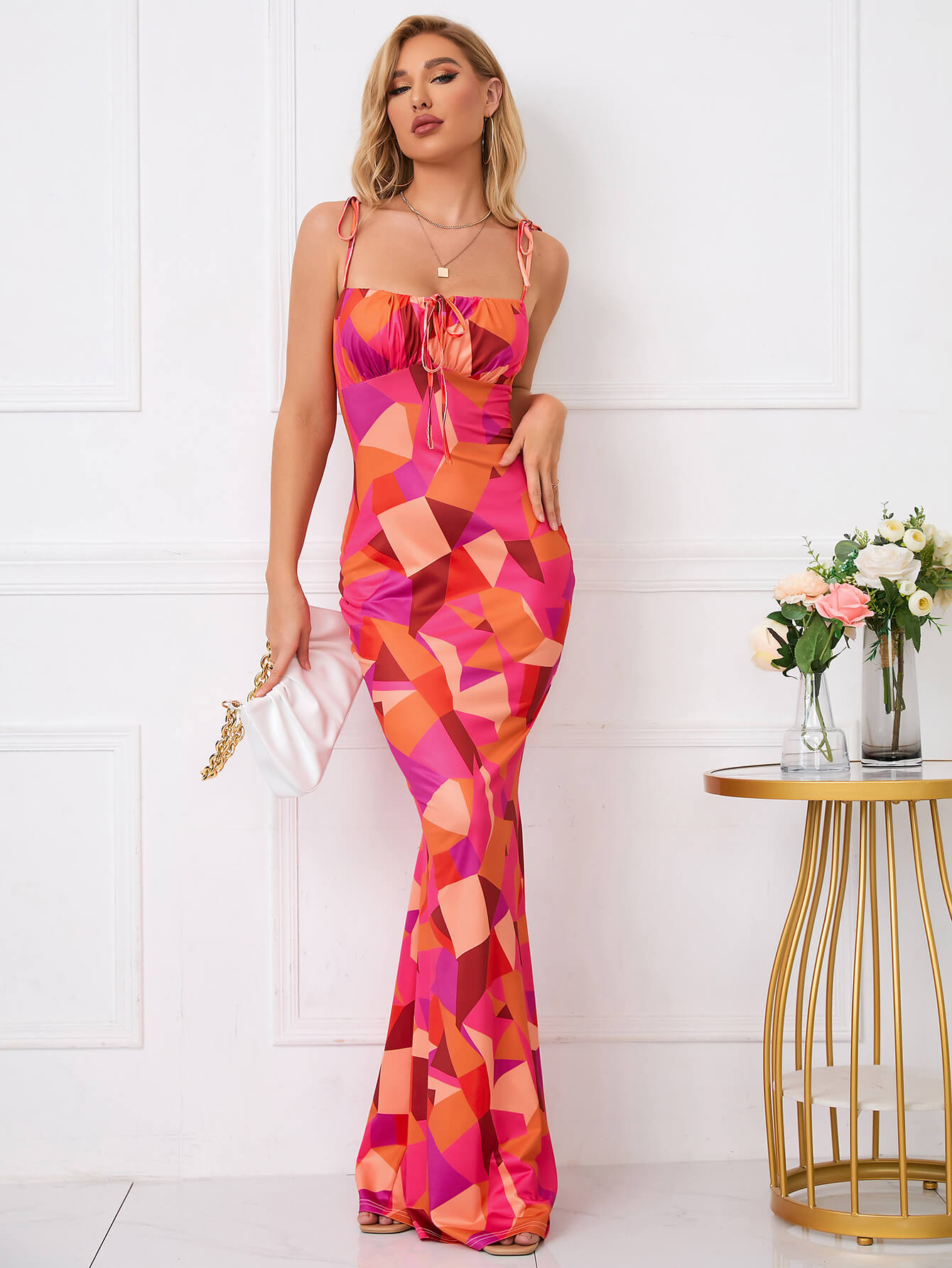 Leyla, Floral Print Dress with Fishtail Hem and Tie Shoulders