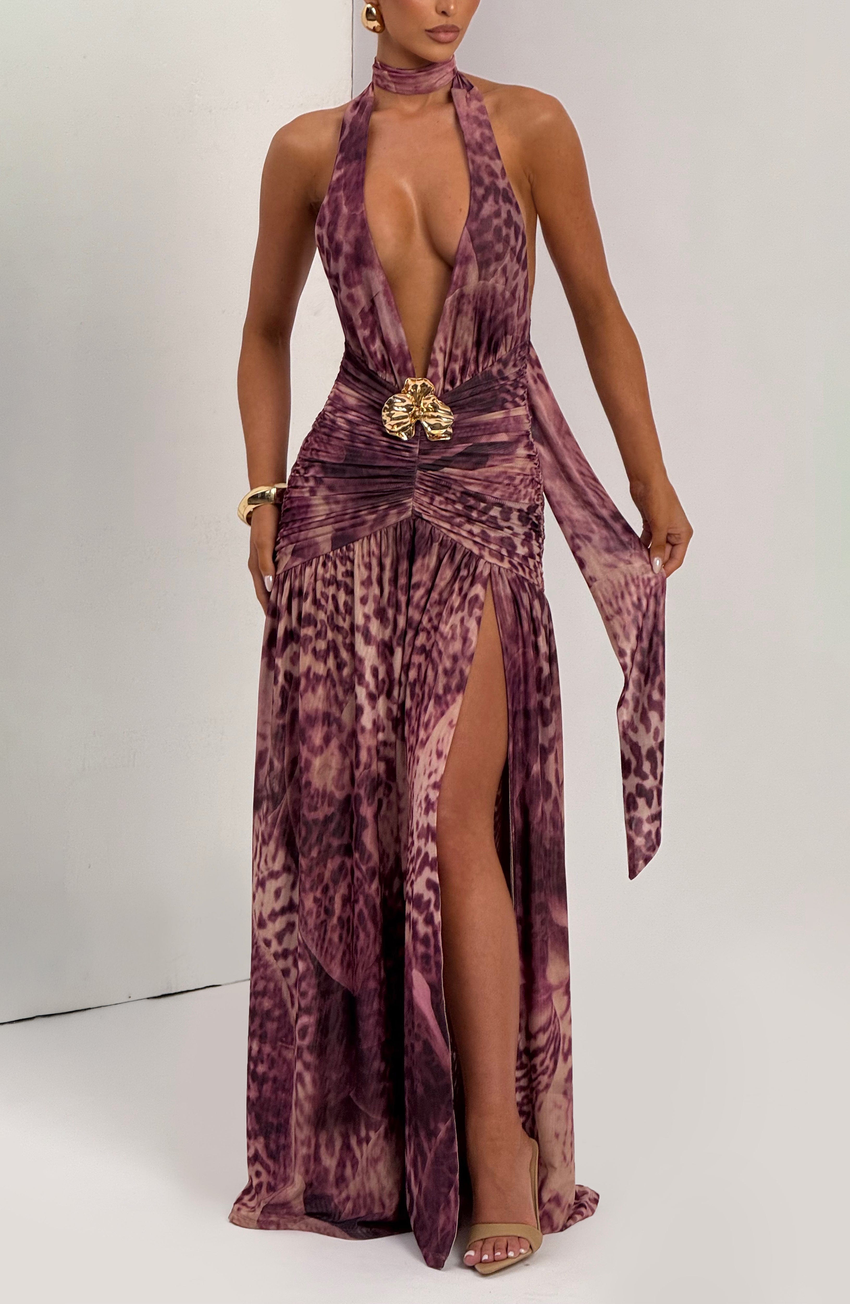 Bianca Long Dress - Magenta Orchid Print