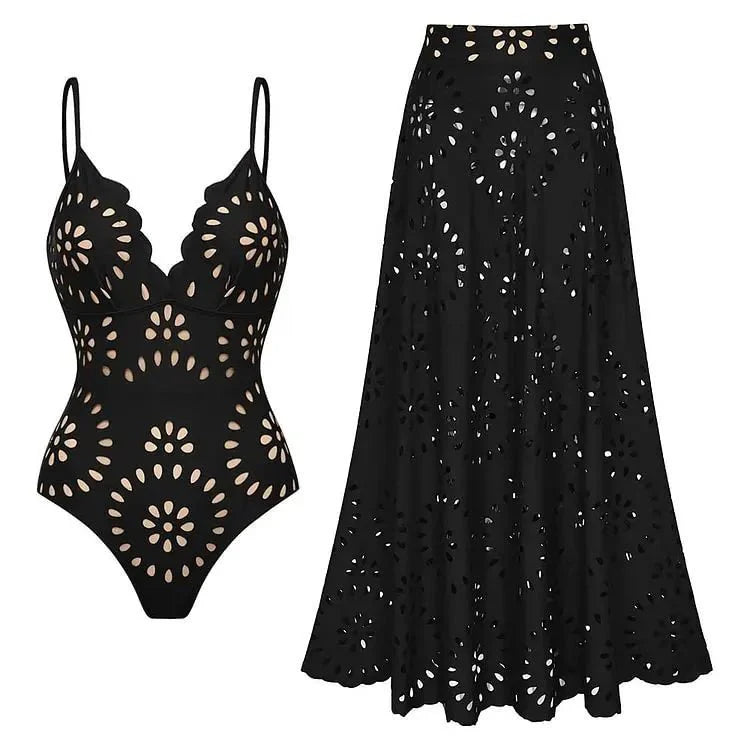 SOLANA Two-Piece Deep V-Neck Swimsuit with Skirt