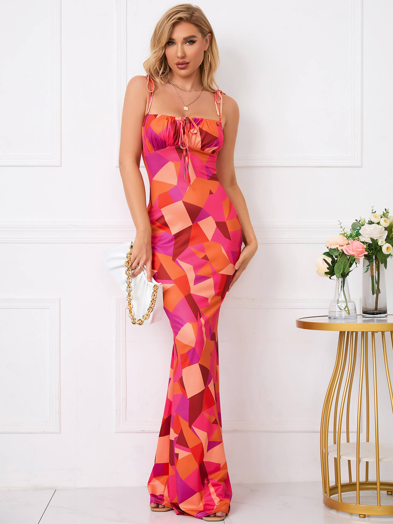Leyla, Floral Print Dress with Fishtail Hem and Tie Shoulders